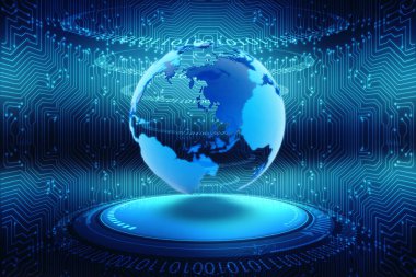 Küresel ağ bağlantısı kavramı. Büyük veri görselleştirmesi. Küresel bilgisayar ağlarındaki sosyal ağ iletişimi. İkili kodlu dünya, internet teknolojisi