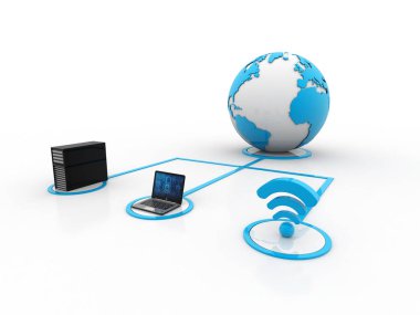 3d görüntüleme Bilgisayar ağı, Bilgisayar ağı beyaz arkaplanda izole edilmiş, İnternet İletişim arkaplanı