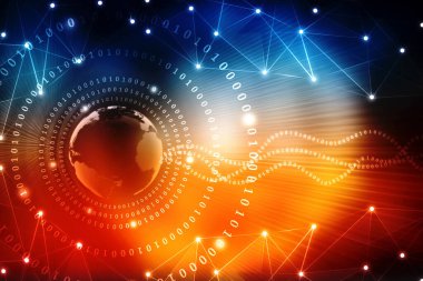 Küresel ağ bağlantısı kavramı. Büyük veri görselleştirmesi. Küresel bilgisayar ağlarındaki sosyal ağ iletişimi. İkili kodlu dünya, İnternet teknolojisi geçmişi