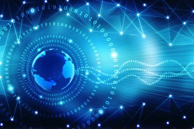 Küresel ağ bağlantısı kavramı. Büyük veri görselleştirmesi. Küresel bilgisayar ağlarındaki sosyal ağ iletişimi. İkili kodlu dünya, İnternet teknolojisi geçmişi