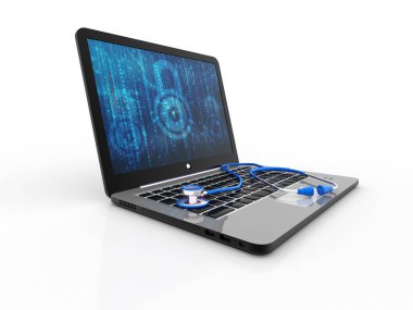 Üzerinde steteskop olan dizüstü bilgisayar beyaz arka planda izole edilmiş, 3D görüntüleme