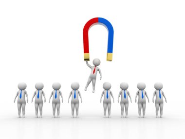 İnsanları çeken mıknatıs, iş kavramı. Beyaz arkaplanda 3B görüntüleme izole edildi