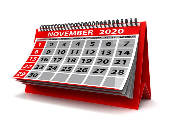 Ημερολόγιο Νοεμβρίου 2020 Απομονωμένο Λευκό Φόντο Spiral Ημερολόγιο Νοέμβριος 2020 — Φωτογραφία Αρχείου