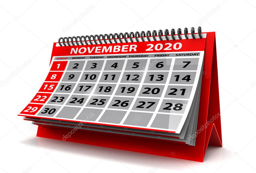 November 2020 Calendar Isolated on White Background. Spiral Calendar November 2020. 3D Illustration
