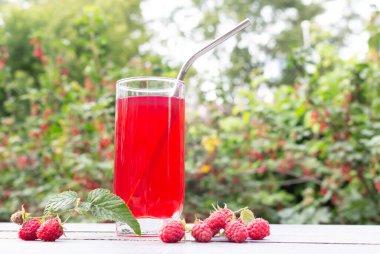 Bahçe yeşili arka planda cam bir fincanda taze ahududu içeceği. Dokunulmazlık için sağlıklı bir içecek.