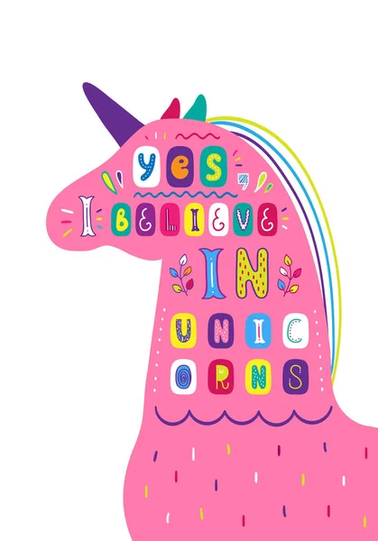 Cartel de letras para niños Creo en unicornio — Archivo Imágenes Vectoriales