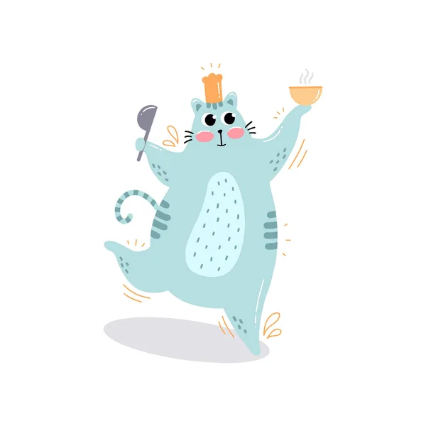 Carte postale avec le personnage est un chat cuisinier dessiné à la main mignon — Image vectorielle