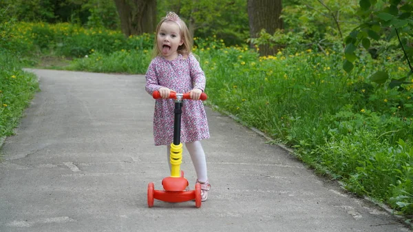 Scooter'lı bebek. Scooter'lı küçük kız. Taç Komik küçük kız.