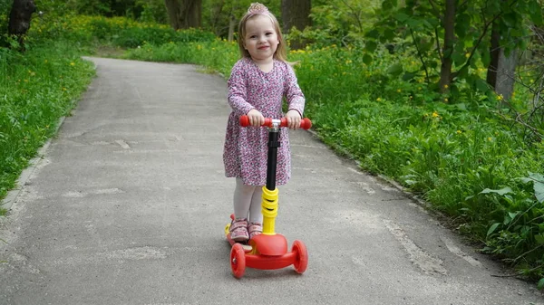 Scooter'lı bebek. Scooter'lı küçük kız. Taç Komik küçük kız.