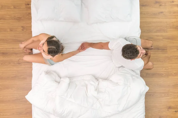 Couple Hold Hands Bed View — Stock Photo, Image