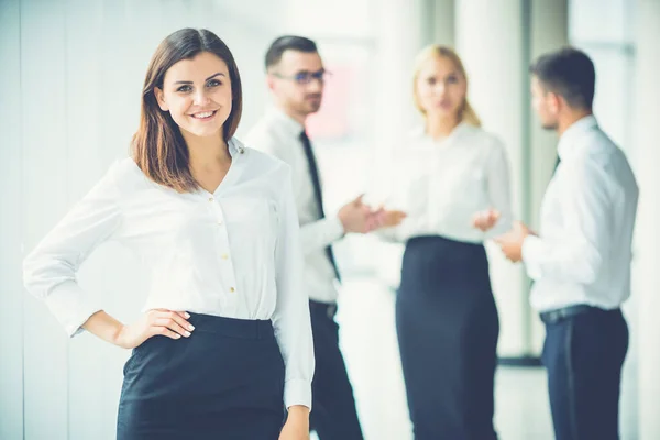 Happy Lady Stand Colleagues — Stock Photo, Image