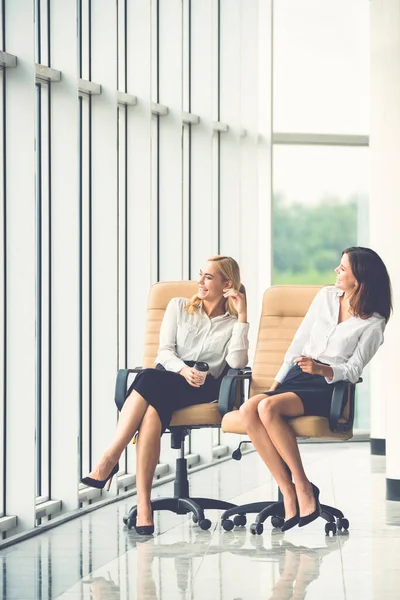 Smile Businesswomen Chairs Talk Office Window — Stock Photo, Image