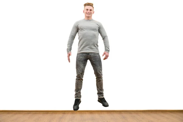 Hombre Feliz Saltando Sobre Fondo Blanco Pared — Foto de Stock