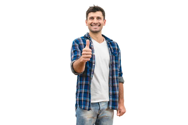 Homem Feliz Polegares Para Cima Fundo Branco — Fotografia de Stock