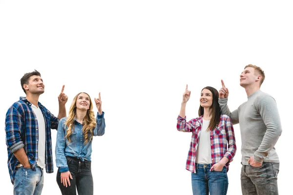 四个快乐的人在白色的背景上做着手势 — 图库照片