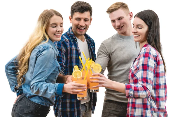 Quatro Povos Clink Vidros Fundo Branco — Fotografia de Stock