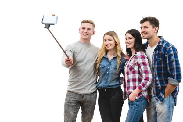 Quatro Amigos Fazem Uma Selfie Fundo Branco — Fotografia de Stock