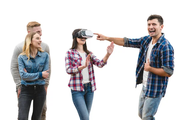 Las Cuatro Personas Felices Juegan Con Gafas Realidad Virtual Sobre — Foto de Stock