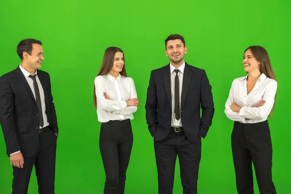 Four Business People Stand Green Background — Stock Photo, Image