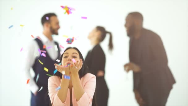 Happy Woman Playing Confetti Slow Motion — Stock Video