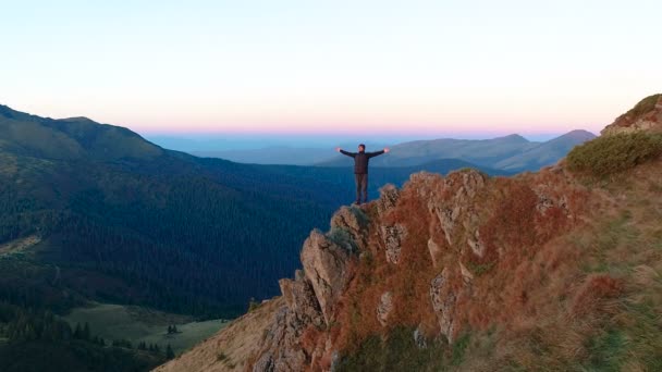 Happy Man Standing Rock Beautiful View — Stock Video