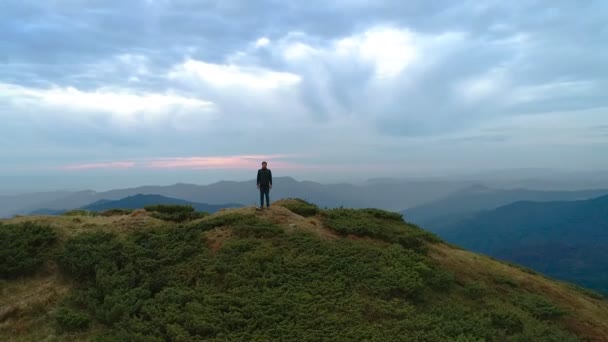 Den Lyckliga Mannen Som Står Berget Med Ett Naturskönt Landskap — Stockvideo