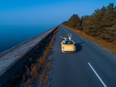 Cabriolet 'le seyahat eden dört arkadaş.