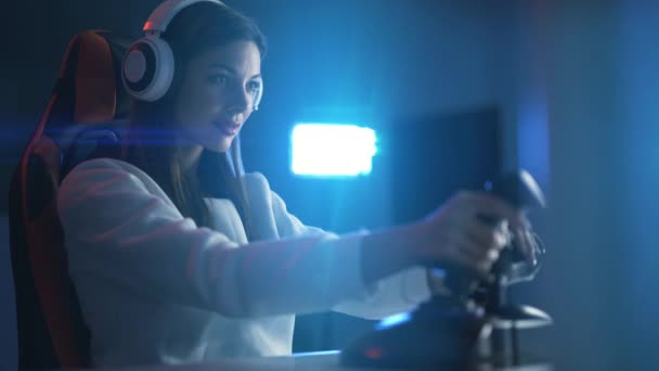 Professional Girl Gamer Plays Video Games Dark Room — Stock Video