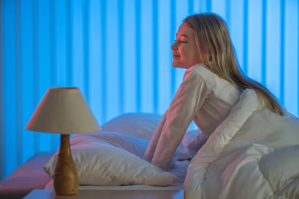 Cute Girl Sitting Bed Evening Night Time — Stock Photo, Image