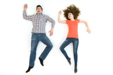 The couple gesture on the white background. View from above