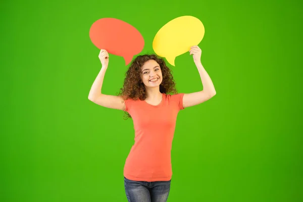 Woman Stand Dialog Signs Green Background — Stockfoto