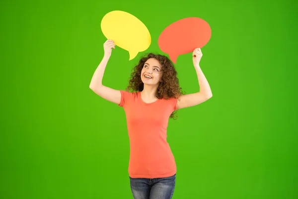 Woman Stand Dialog Signs Green Background — ストック写真