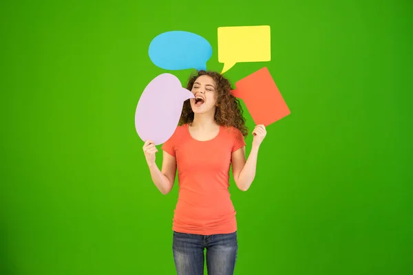 Beautiful Woman Hold Dialog Signs Green Background — Stockfoto