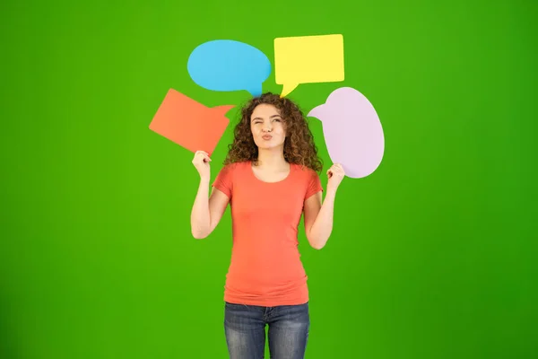 Woman Stand Hold Dialog Signs Green Background — 스톡 사진