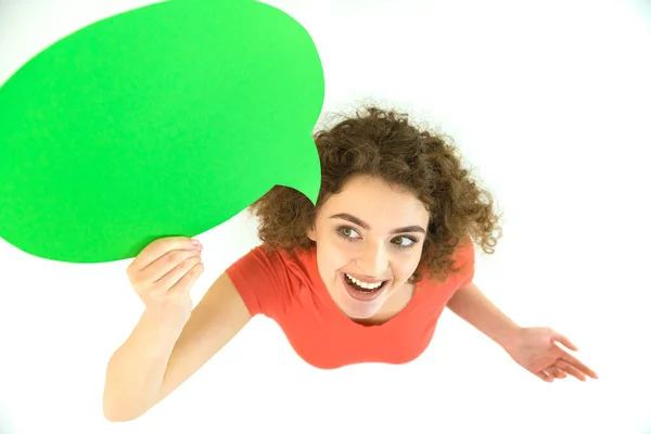 Mujer Pie Con Signo Diálogo Verde Vista Desde Arriba — Foto de Stock