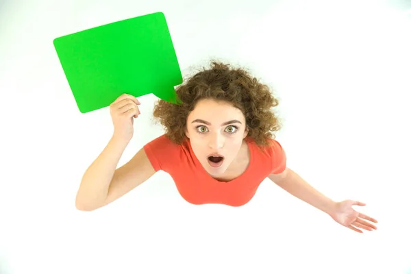 Surprised Woman Stand Green Dialog Sign View ロイヤリティフリーのストック写真