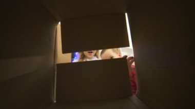 Mutlu çocuklar Noel ağacının yanındaki kutuyu açıyor.