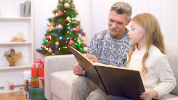 Oude Man Een Meisje Lazen Een Boek Bij Kerstboom — Stockvideo