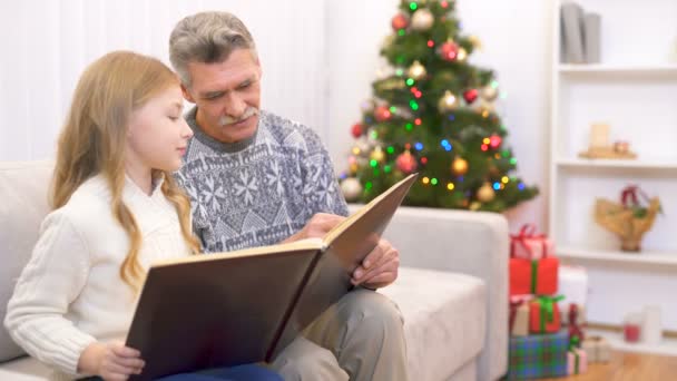 Vecchio Una Ragazza Guardano Album Foto Vicino All Albero Natale — Video Stock