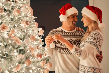 Noel ağacını süsleyen güzel çift