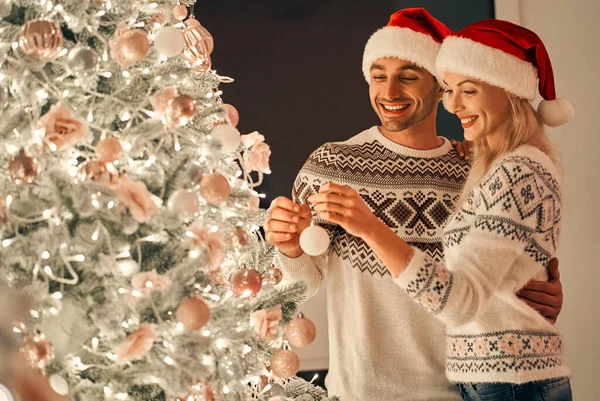 Noel ağacını süsleyen güzel çift