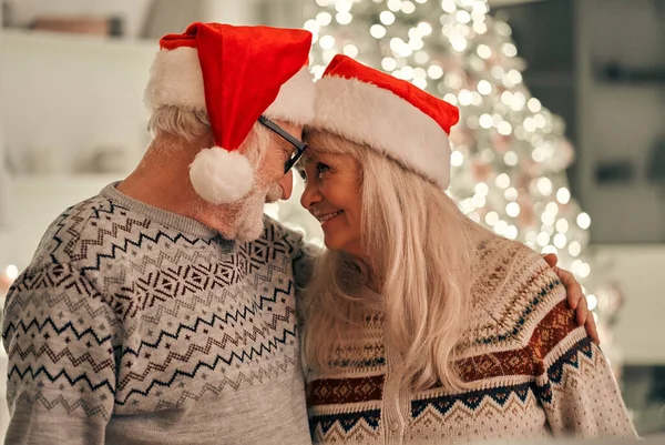 Det Glada Gamla Paret Röd Hatt Står Nära Julgranen — Stockfoto