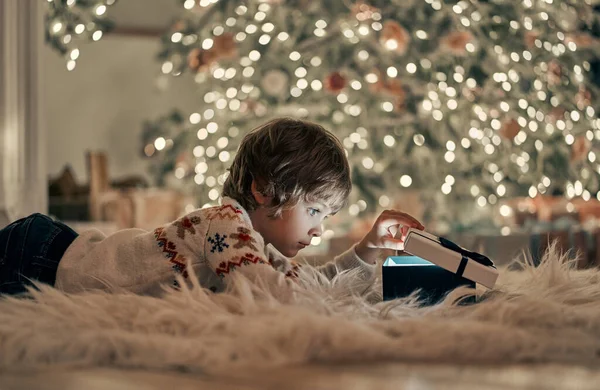 Little Boy Laying Floor Opening Gift — Stock Photo, Image