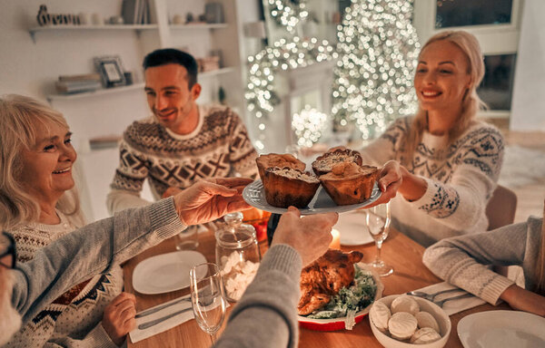 The happy family having a christmas dinner