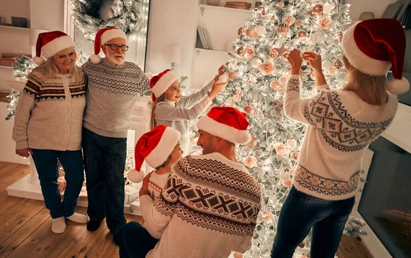 Den Glada Familjen Röd Hatt Dekorerar Julgranen — Stockfoto