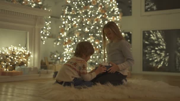 Ragazzo Felice Una Ragazza Seduta Vicino All Albero Natale Aprire — Video Stock