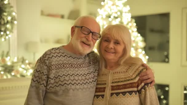 Old Woman Man Hugs Christmas Tree — Stock Video