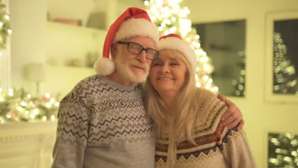 Anciano Una Mujer Sombrero Rojo Abrazan Árbol Navidad Backgroun — Vídeo de stock