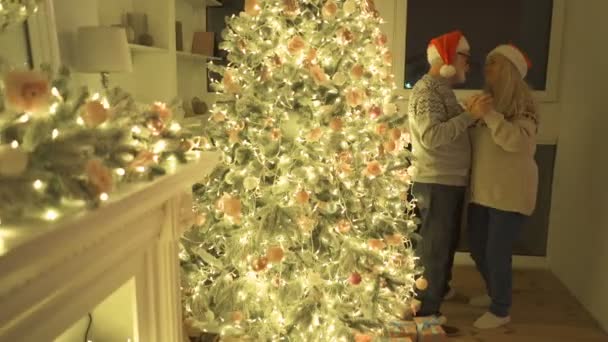 Het Oude Koppel Dansend Bij Kerstboom — Stockvideo