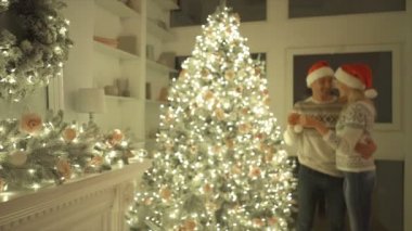 Erkek ve kadın Noel ağacını süsler. yavaş çekim